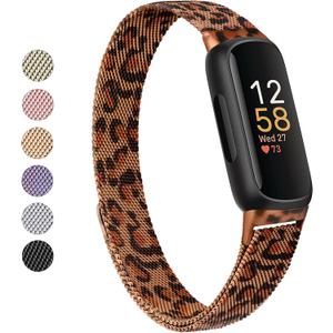 Vanjua for Fitbit Inspire 3 Bands Women Men, Stainless Steel Metal Mesh Loop Adjustable Magnetic Wristband Replacement Straps Compatible with Fitbit Inspire 3 Fitness Tracker (Leopard)