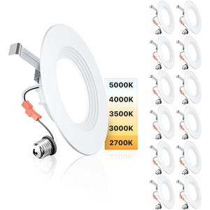 Ensenior 5/6 Inch 5CCT LED Can Lights 12 Pack, Retrofit Led Recessed Lighting, Baffle Trim, Dimmable, 9W=110W, 1000LM, 2700K/3000K/3500K/4000K/5000K Selectable, IC Rated - ETL & FCC