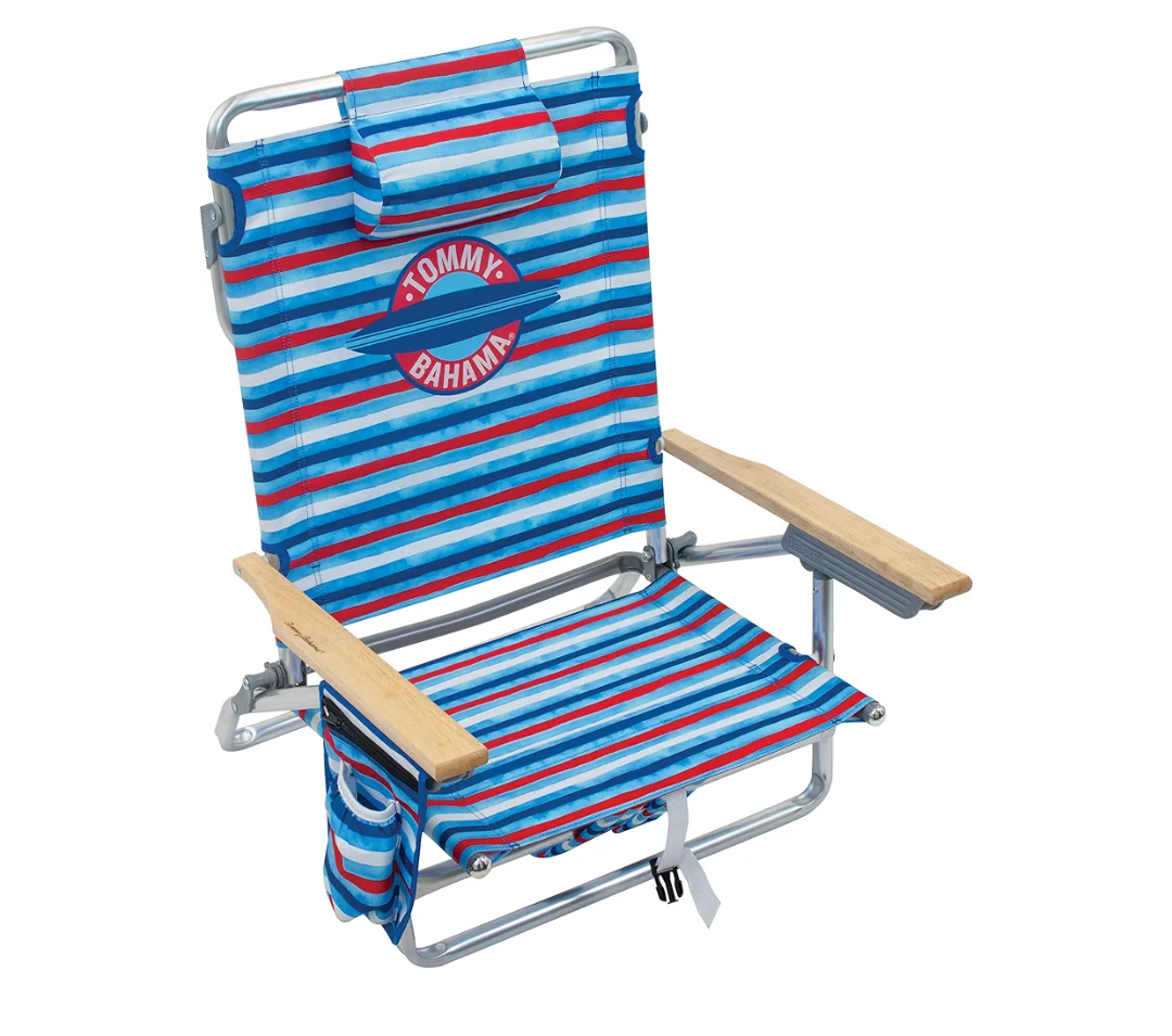 Tommy Bahama 5-Position Classic Lay Flat Folding Backpack Beach Chair, Aluminum , Red, White, and Blue Stripe