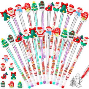 Cholemy 48 Pcs Christmas Stackable Pencils Multi Point Push Christmas Pencils with Topper Santa Claus Xmas Tree Snowman Pen for Party Favor Stocking Stuffers