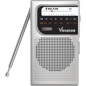 Vondior AM/FM Battery Operated Portable Pocket Radio - Best Reception and Longest Lasting. AM FM Compact Transistor Radios Player Operated by 2 AA Battery, Mono Headphone Socket, by Vondior (Silver) (Silver AM/FM Radio)
