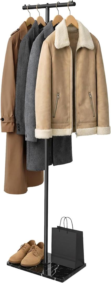 T-shaped Coat Rack Freestanding with Marble Base, 72" H Clothes Display Rack, Heavy-duty Clothes Rack, Modern Metal Coat Hanging Rack for Boutique, Hallway, Entryway, Black