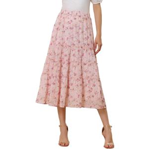 Allegra K Women's Floral Long Skirts Elastic Waist Tiered Ruffle Boho Midi Skirt Medium Pink