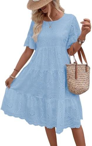 chouyatou Women's Lace Eyelet Short Sleeve Tiered Midi Long Dress Ruffle Hem Babydoll Short Dress XS