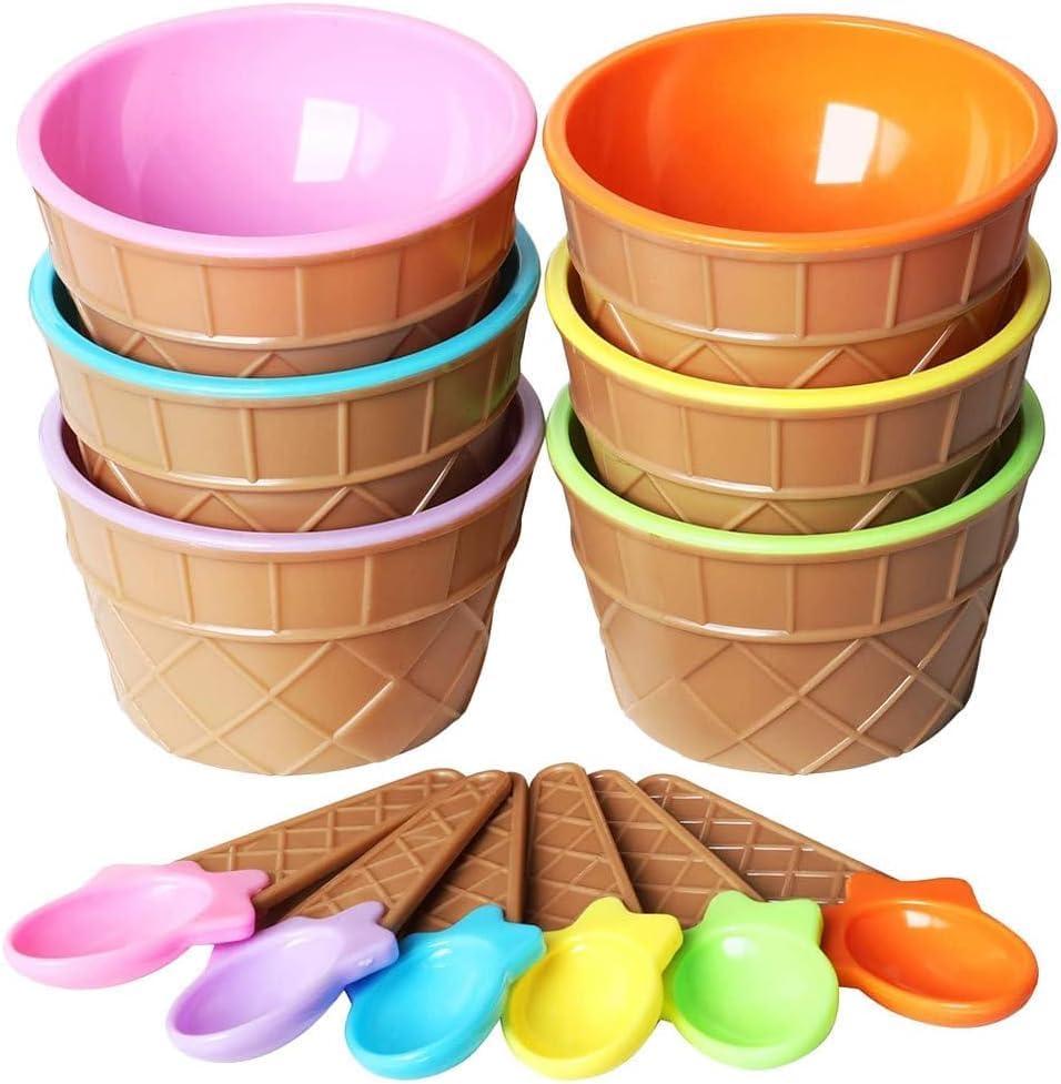 Ice Cream Bowls 6 Pack Plastic Cartoon Ice Cream Cups and Spoons Set - Reusable Cute Candy Color Dessert Yogurt Bowl for Party Favors Birthday Decorations Summer Holiday Supplies