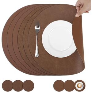 comfoyar Faux Leather Round Placemats with Coasters Set of 6, 13x13 Inch Non-Slip Heat Resistant Dual-Sided Brown Place Mats, Waterproof Table Mats for Kitchen Dining Party Table Decoration