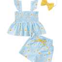 Mioglrie Toddler Girl Summer Outfits Baby 2T 3T Girl Clothes Blue Daisy Girls Spring Outfit Ruffle Sleeveless Top Shorts with Headband 3PCS Clothing Set