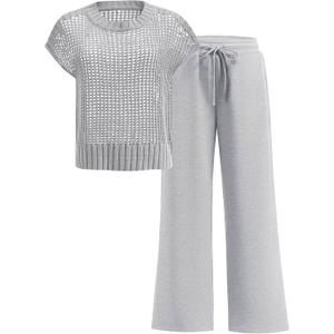 ANRABESS Women Two Piece Outfits Crochet Sheer Knit Sweater Top Wide Leg Pants Lounge Matching Sets Sweatsuit Travel Clothes (Medium, Light Grey)