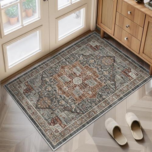 Washable Runner Rug 2x3 Runners for Hallways, Ultra-Thin Carpet Runners for Entryway Anti Slip Backing Runner Rugs for Kitchen Laundry Room Indoor Hallway (Grey/Brown/Tan)