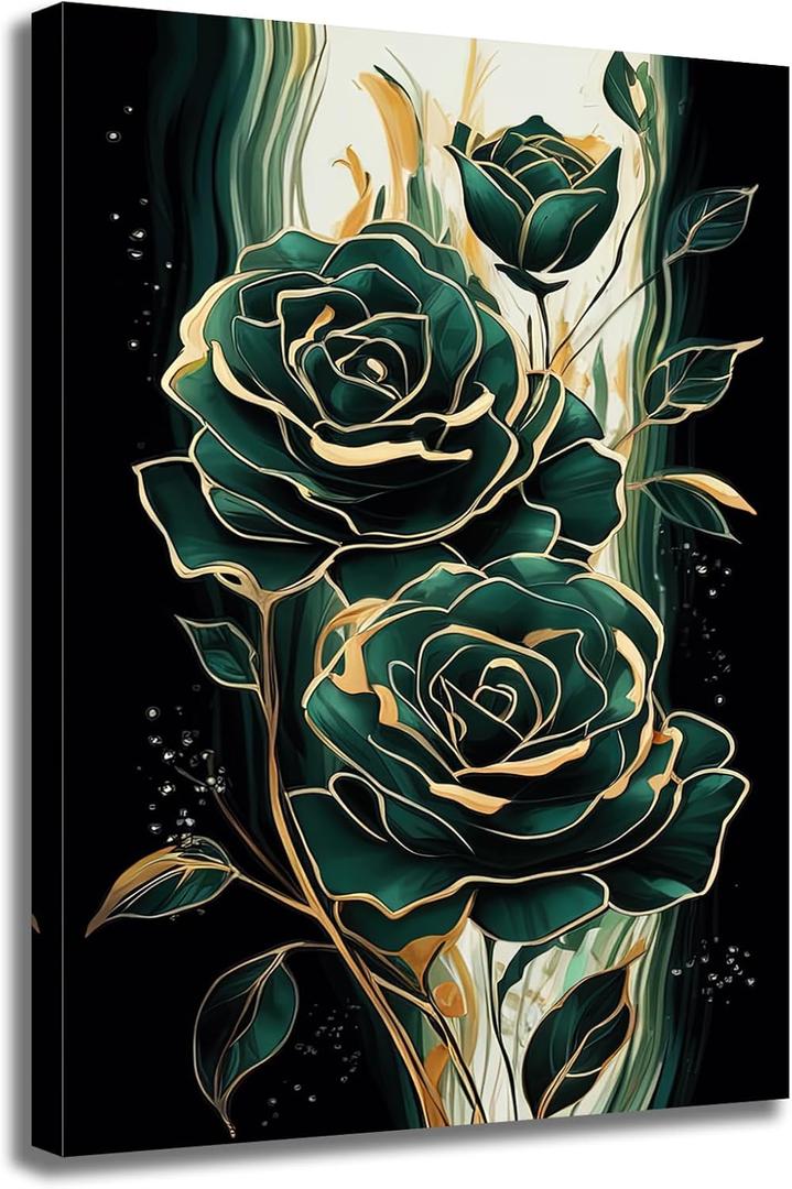 Emerald Green Flower Wall Art Gold Emerald Rose Wall Decor Modern Floral Canvas Print Painting Picture Artwork for Bedroom Bathroom Home Decor,Framed (18L" x 12W")