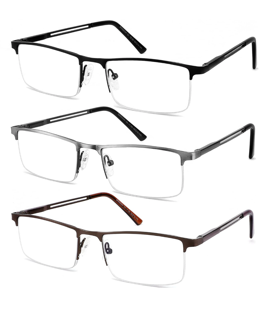 JJWELL 3 Pack Blue Light Blocking Reading Glasses for Men Anti Computer Glare Eyestrain Spring Hinge Readers with Pouches, +1.50
