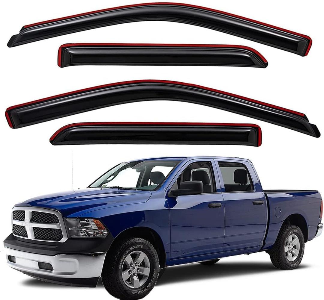 WV194109 Extra Durable In-Channel Wind Deflector Visor Rain Guard, Fit 2009-2018 Dodge Ram 1500 Crew Cab, 2010-2025 Ram 2500 & 3500 Crew & Mega Cab, 2019-2024 Ram 1500 Classic Crew Cab, Smoke, 4-Pcs