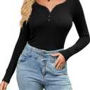 Amoretu Women's Henley Long Sleeve V Neck Shirts Slim Fitted Side Ruched Button Tops (Black, XL)