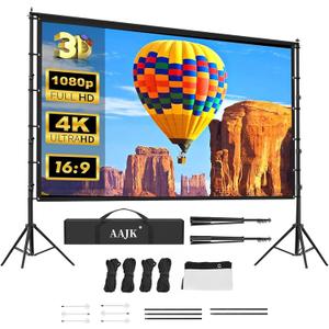 AAJK 150in Outdoor Projector Screen with Stand, Portable 16:9 4K HD Indoor Outdoor Projection Screen with Wrinkle-Free Design, Ideal for Home Theater and Backyard Cinema Includes Carry Bag