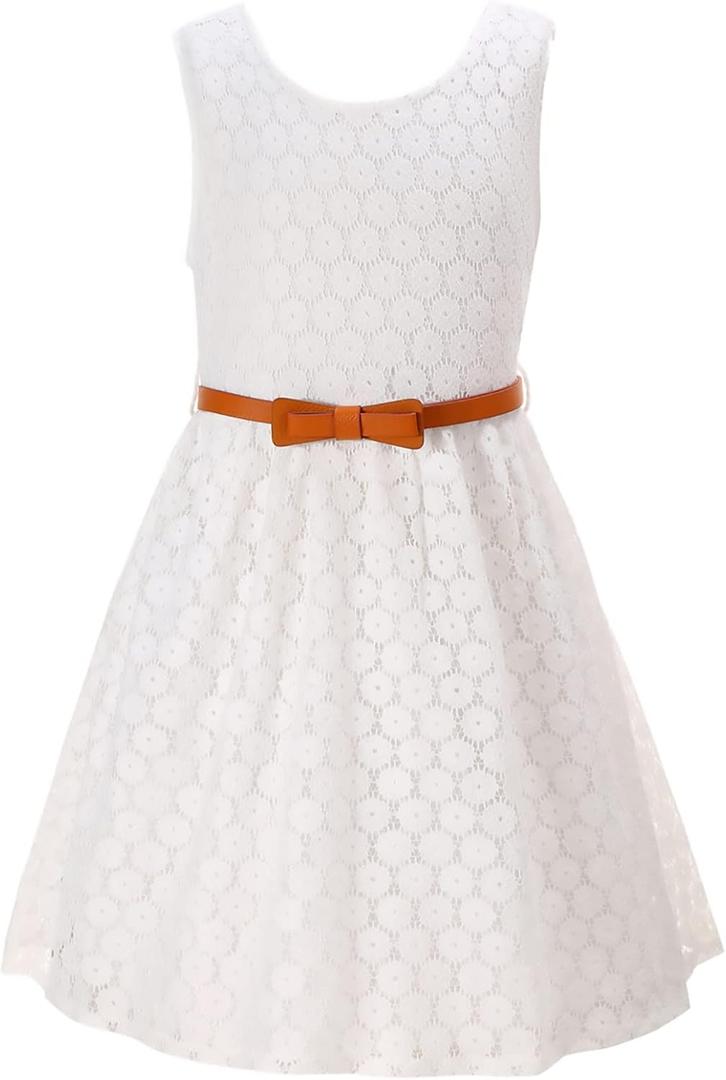 Homecoming Dresses Flower Girl White Lace Formal Party Dresses for Girls Birthday Wedding Holiday Elegant Princess Pageant Dress Sleeveless Gowns with Belt (Size 10-11 Years), White
