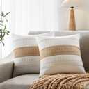 Soft Cotton Boho Throw Pillow Covers Set of 2, Natural White/Contrast Brown 18x18 Inch, Tan Farmhouse Decorative Cushion Covers for Sofa Bed Living Room Home Decor