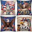 Fanfanwin 4 Pcs 250th Anniversary Pillow Covers 18x18 Inch,Fashion Style | USA Red White Blue Cushion Case, 4th of July Sofa Decor, American Flag Eagle Statue of Liberty Designs, Patriotic Home