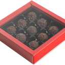 Restaurantware Sweet Vision 7.3 x 7.3 x 1.6 Inch Square Candy Boxes 10 Disposable Bakery Gift Boxes - 9 Compartments With Slidable Clear Lids Red Paper Boxes For Chocolate And Treats