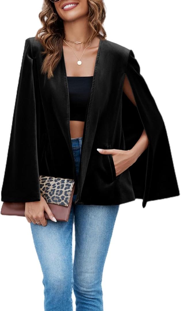 Cicy Bell Women's Velvet Cape Blazer Jackets Casual Split Long Sleeve Open Front Coat (Medium, Black)