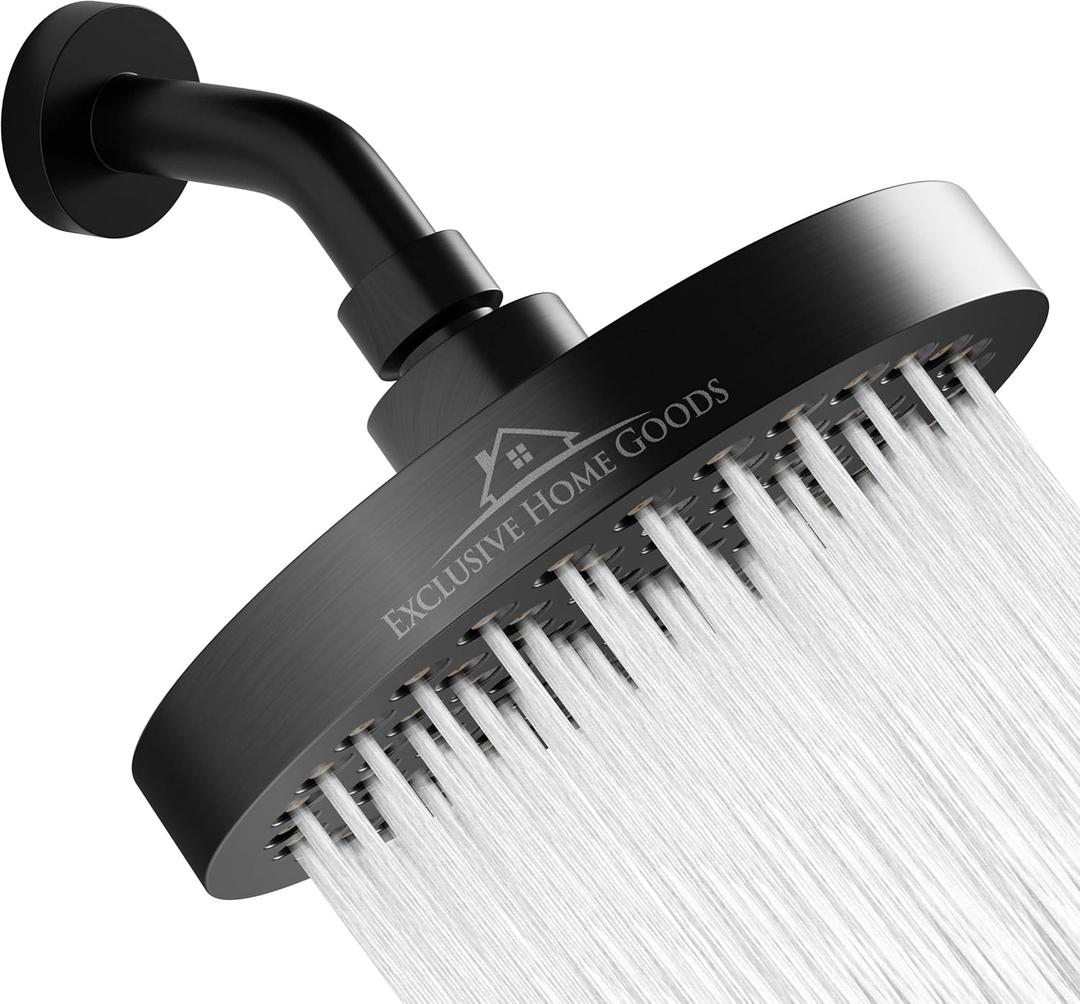 Rainfall Shower Head - 6" High Pressure Shower Heads - 2.5 GPM Shower Heads with Anti-Clog 90 Rubber Jets - 360 Rotation Adjustable Shower Head - Rustproof Bathroom Shower Head (Black)