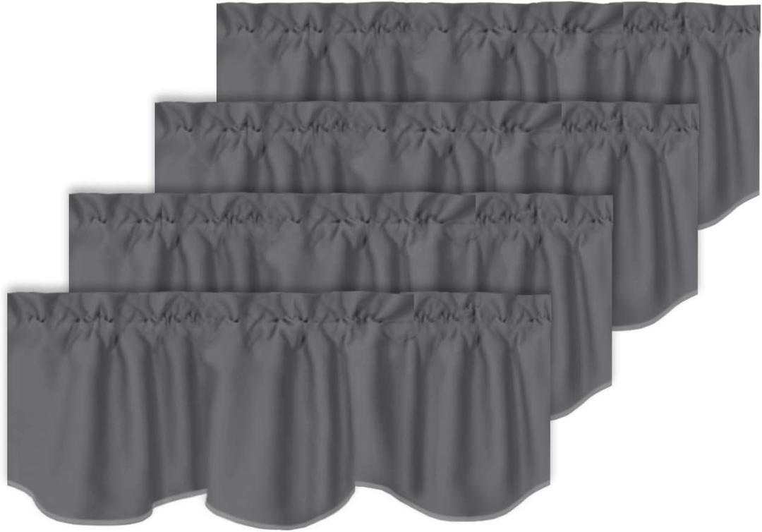 Turquoize Blackout Scalloped Window Valances for Kitchen, Thermal Insulated Rod Pocket Grey Scalloped Valance Window Treatment Curtains Drapes for Bedroom, 52" x 18" Inches, 4 Panels, Charcoal Gray