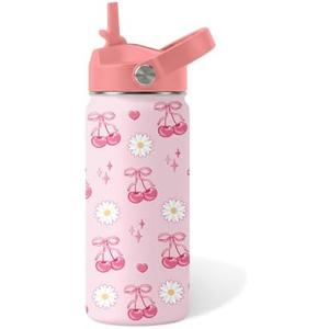 Cherry Gifts for Kids - 16oz Pink Kids Water Bottle with Straw Lid, Stainless Steel Insulated Tumbler, Leakproof, BPA-Free, for Girls, School, Travel - Cherry Lovers Children Birthday Gift Cup (1pc)