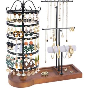 Jewelry Organizer Stand, Metal Rotating Earring Holder Organizer, Multi-Functional Adjustable Necklace Rack Holder Bracelet Watch Holder for Jewelry Earrings Ring, Black (Black-Brown Wood)