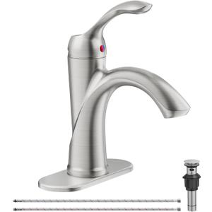 Bathroom Sink Faucet Brushed Nickel Single Handle One Hole Vanity Satin Sink with Pop Up Drain Assembly Bath with Overflow Stream Basin Mixer Tap Lavatory Commercial Supply Line