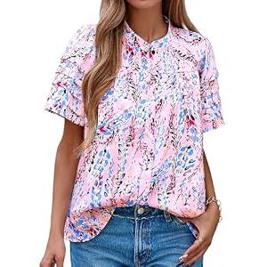 MASCOMODA Womens Tops Summer Boho Floral Short Sleeve Button Down Shirts Crewneck Loose Vacation Dressy Casual Work Blouses (Floral Pink Multicolored,Medium)
