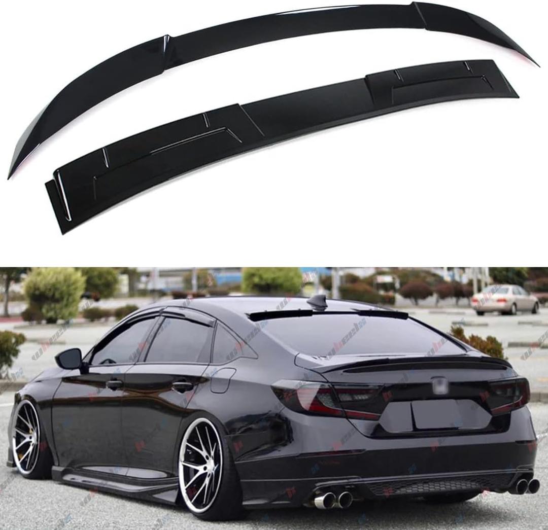 2Pcs Roof Top Spoiler & Rear Spoiler Compatible with 2018-2022 Honda Accord, V Style JDM Duckbill Fits for 4 Door Sedan, Trunk Exterior High Kick Tail Deck Lid Wing Lip (Glossy Black)