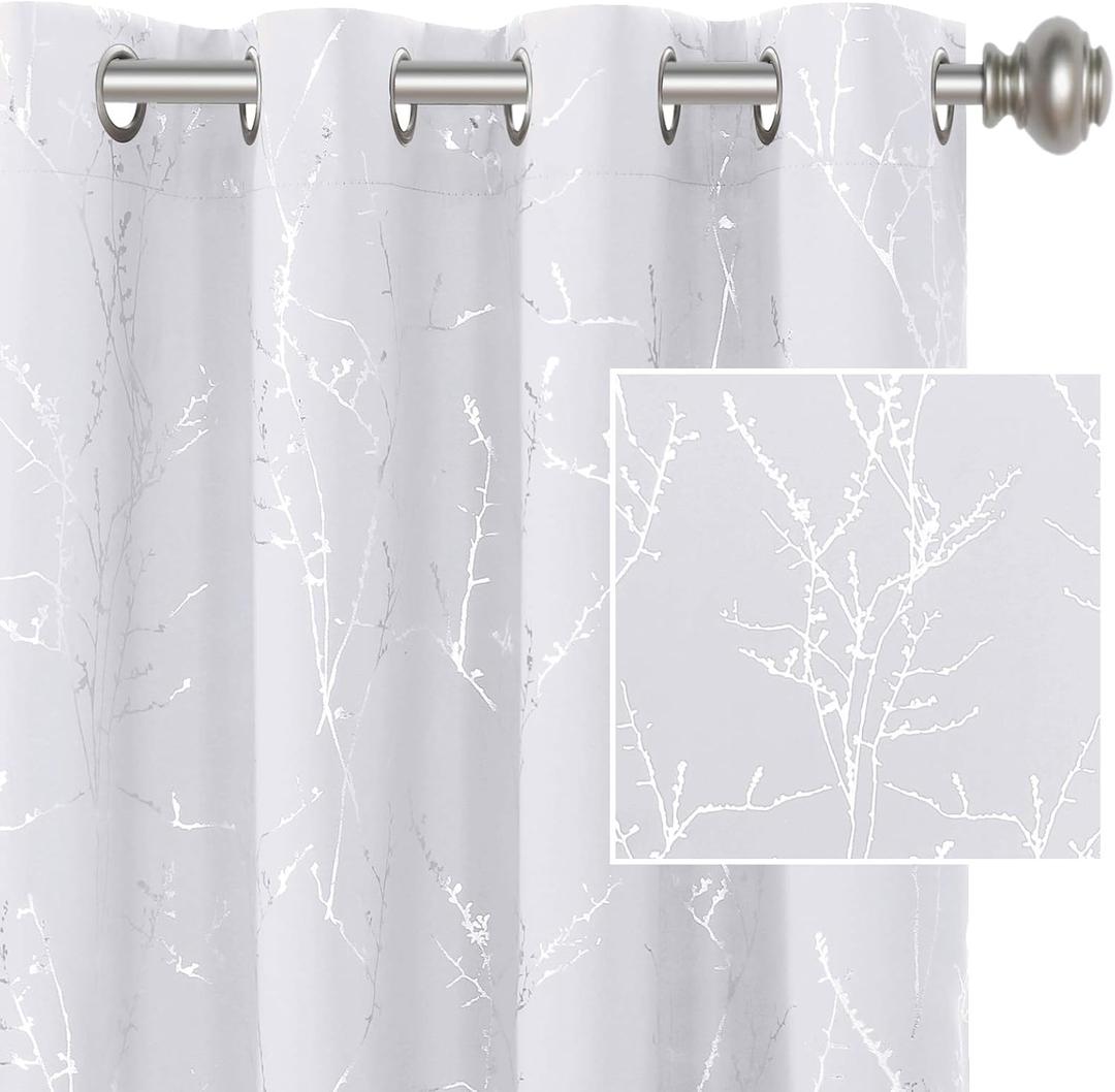 H.VERSAILTEX White Curtains for Bedroom Foil Print Twig Tree Branch Thermal Insulated Grommet Curtain Drapes Light Blocking Thick Soft Window Curtains for Living 52 x 84 Inch, 2 Panels, Pure White