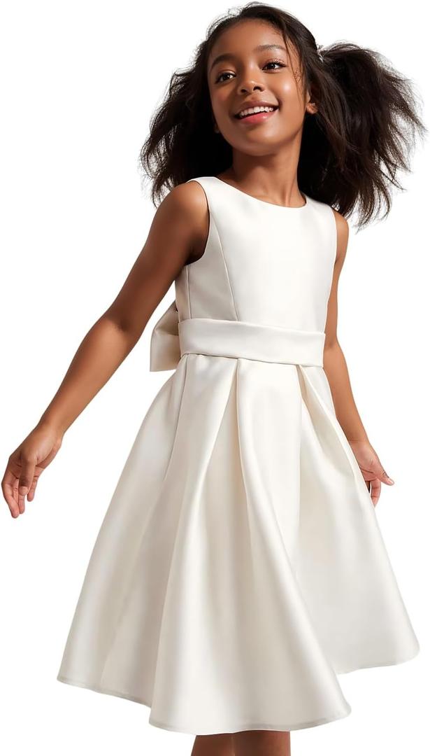Satin Flower Girl Dress Sleeveless Girls Party Dresses for Wedding Pageant First Communion Gown with Bowknot (White)