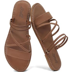 katliu Women's Strappy Flat Sandals Round Toe Slide Sandals Casual Summer Sandals, 8