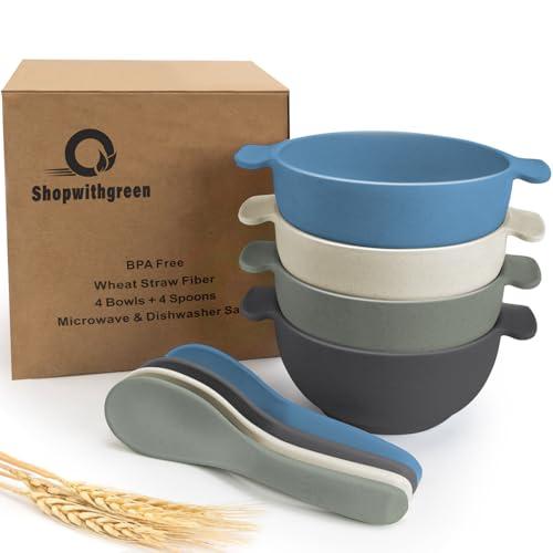 shopwithgreen Unbreakable Kids Bowls -Microwave Dishwasher Safe- Wheat Straw Snack Bowl Sets for Kids and Toddler-4 Bowls and 4 Spoons, Lightweight and Durable, 14 OZ