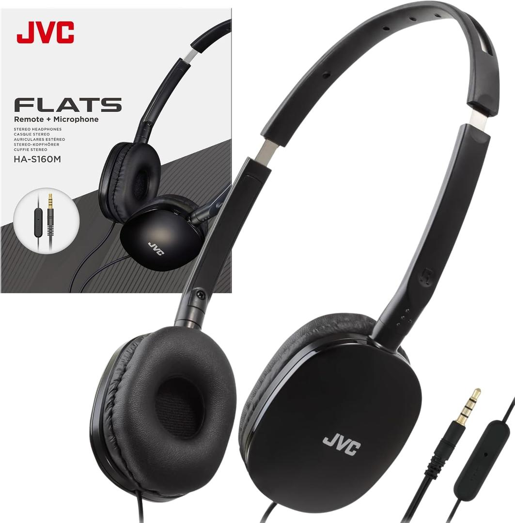 JVC Flats On-Ear Wired Headphones - Flat Foldable Design - 30mm Driver for Powerful Sound - Soft Ear-Pads for Comfort  Steel Headband - Lightweight & Portable - PC/Laptop/Gaming - 3.5mm Slim Plug (Adjustable, Black)