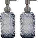 16 oz Diamond Pattern Glass Soap Dispenser, Kitchen and Bathroom Refillable Soap Dispenser with Rust Resistant Stainless Steel Pump for Hand Soap, Lotion Glass Liquid Dispenser (Grey-2pack)