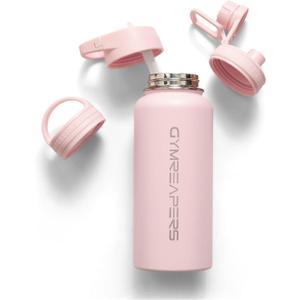 Gymreapers Insulated Water Bottle - Stainless Steel 32 Oz, 3 lids (Straw, Chug, Canteen), Double Walled Vacuum Insulation, Thermo Mug Cold Hot - Durable Powder Coated Finish