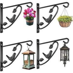 AMAGABELI GARDEN & HOME 4 Pack Hanging Plant Brackets Outdoor 12 inch Metal Fence Wall Plant Hanger Hooks for Hanging Flower Baskets Bird Feeders Lanterns Wind Chimes Rust-Resistant Black