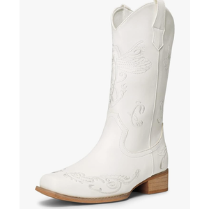 DREAM PAIRS Women's Square Toe Cowboy Cowgirl Boots Pull On Low Chunky Heel Mid Calf Western Boots with Embroidered Stitched for Theme Party Country Concert Size 8