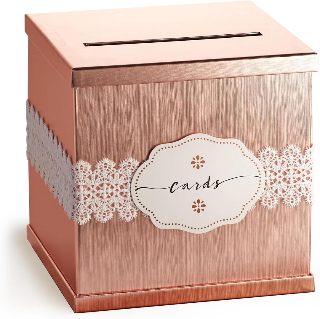 Rose Gold Card Box, Large 10x10 Gift Card Holder for Wedding Reception Table, Birthday Party, Sweet 16, Quinceanera, Graduation, Baby & Bridal Shower, Money, Honeymoon, Pink Envelope Box with Slot