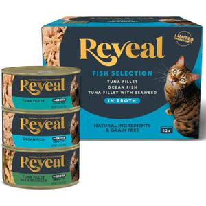 Reveal Natural Wet Canned Cat Food, Limited Ingredient, Grain-Free, High Protein with No Artificial Additives, Fish Variety in Broth (12 x 2.47 oz Cans)