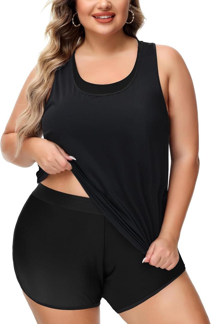 NIeyook Women Plus Size 3 Piece Tankini Swimsuits Athletic Bathing Suits with Boy Shorts Tank Top with Sports Bra (Black) 14 Plus
