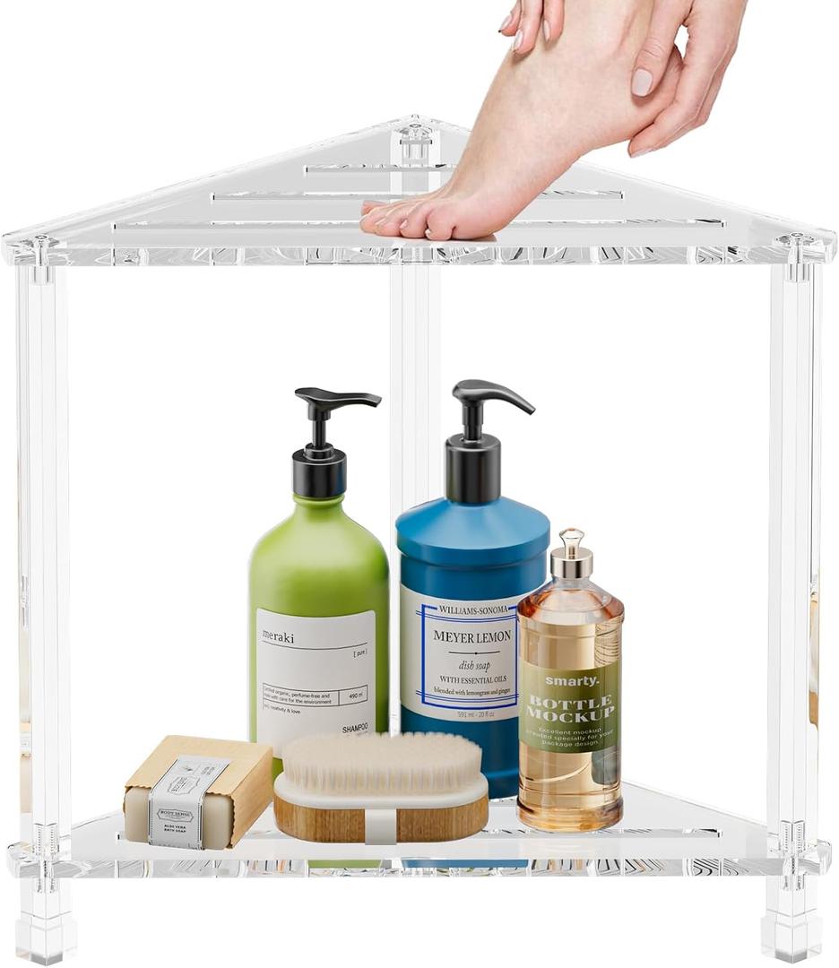 YUNEASELF Corner Shower Stool 16in: Waterproof Small Foot Rest with Anti-Slip Feet for Shaving Legs - Acrylic Corner Shower Bench with Storage Shelf for Inside Spaces
