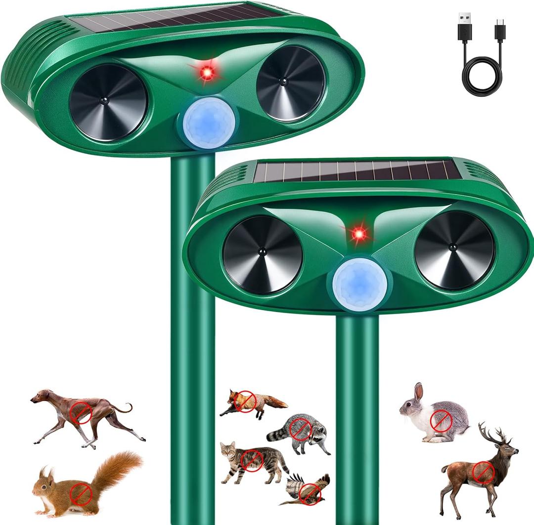 2 Pack Solar Ultrasonic Animal Repeller Outdoor Deer Repellent Devices Motion Activated Cat Deterrent for Yard Garden IP65 Waterproof Ultrasonic Pest Repellent for Squirrel Raccoon Dog Skunk Rabbit