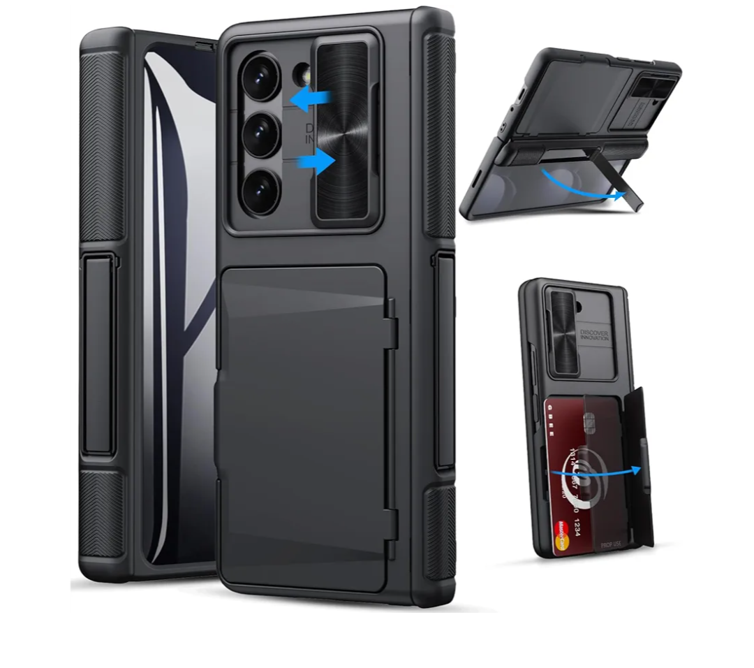GBEE for Samsung Galaxy Z Fold 5 Case with Kickstand & Screen Protector & Card Holder & Sliding Camera Cover & Hinge Protection, Durable Rugged Stand Wallet Phone Case for Galaxy Z Fold 5 2023, Black