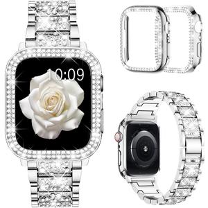 Mosonio Compatible with Apple Watch Band with 2 Pack Case Women, Jewelry Replacement Metal Bands Strap with Bling PC Protective Case for iWatch Ultra SE Series 10/9/8/7/6/5/4/3/2/1 (42mm (Series 10), Silver)