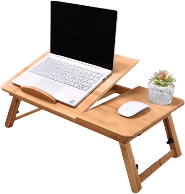 Bamboo Laptop Desk, Adjustable Portable Bamboo Laptop Table with Drawer, Folding Breakfast Tray Padded Lap Work Tray for Working Writing Drawing Surfing Reading Eating