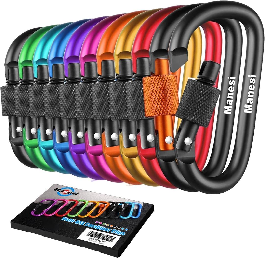 10 Pack Aluminum D Ring Key Rings Clips Locking Carabiner for Camping Fishing and Outdoor UseClips with Screw Gate Multicolored