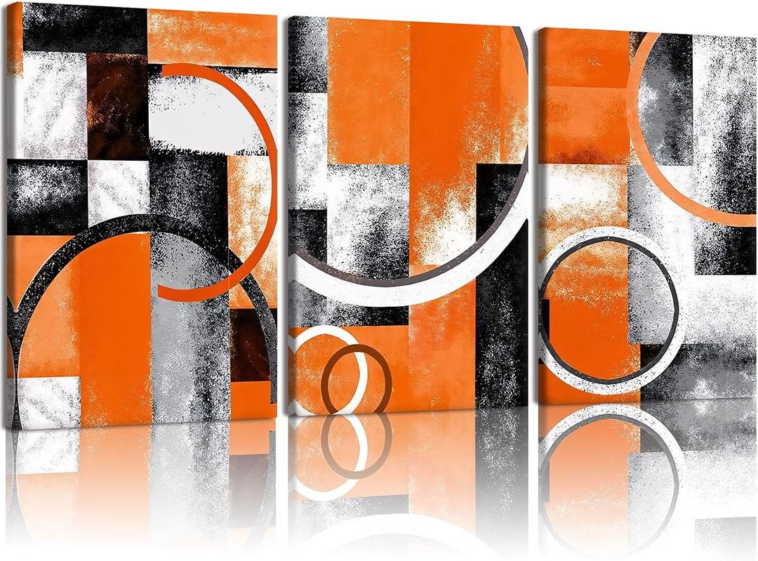 AUUAUU Orange Abstract Geometric Wall Art Set of 3, Modern Minimalist Canvas Prints Wall Decor 16x24 Inch Orange Black and White Pictures Framed Posters for Living Room Bedroom Office