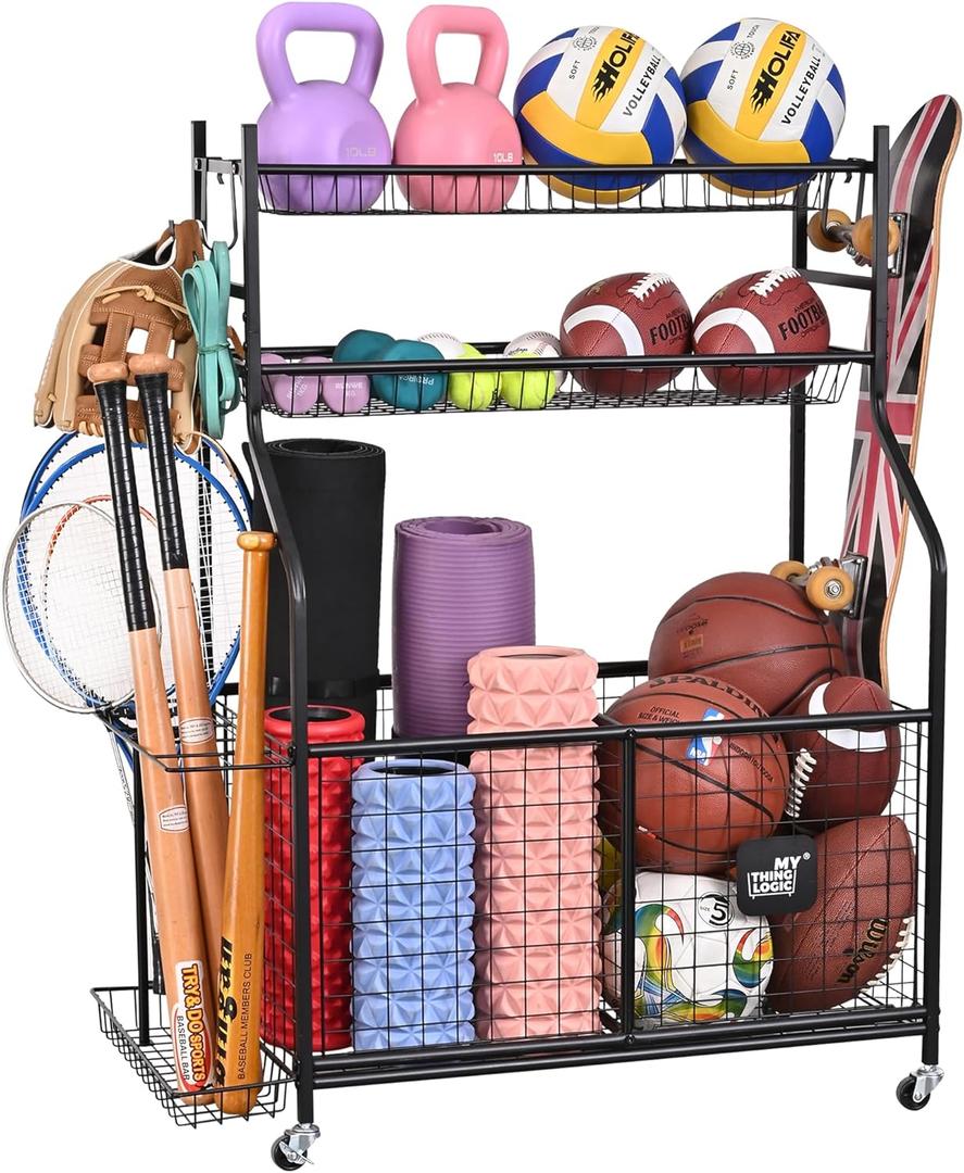 Mythinglogic Sports Equipment Garage Organizer,Garage Ball Storage for Sports Gear and Toys, Rolling Ball Cart with Wheels for Indoor/Outdoor Use (Black)